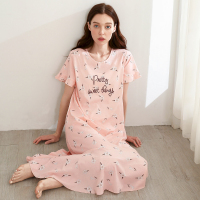 红豆居家(Hodohome)女士睡裙女式纯棉圆领荷叶边甜美可爱短袖中长款家居服睡裙