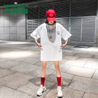 木林森(MULINSEN)短袖女潮欧货大版宽松大码白色T恤早春新款bf风嘻哈中长款