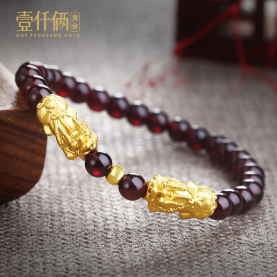 壹仟俩黄金貔貅石榴石手链串镯999足金男女转运珠3D硬金情侣礼物