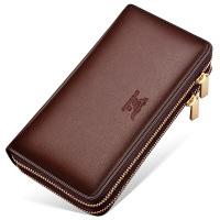 七匹狼男士拉链钱包头层牛皮手拿包1A2154084-02啡色升级版大号