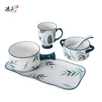 凌天 景德镇北欧绿荫小清新陶瓷餐具家用套装餐盘菜盘汤盘泡面碗马克杯碗盘套装