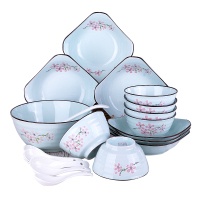 景德镇20头陶瓷餐具青釉碗盘碟碗套装植物花卉浪漫樱花