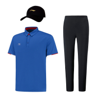 李宁 (LI-NING) 运动服套装 蓝色半袖+黑色裤子+黑色帽子(T)