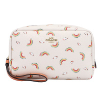 COACH 蔻驰 奢侈品 欧美时尚女士手包白色彩虹款皮革洗漱包化妆包
