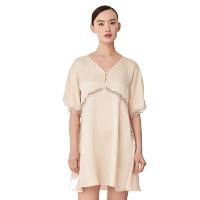 万事利wensli春夏季新款100%桑蚕丝真丝女士睡衣轻薄睡衣裙性感薄款纯色V领蕾丝简约短袖家居服月光倾城