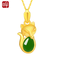 印象眸 足金镶和田玉碧玉吊坠 黄金足金镶嵌菠菜绿狐狸玉石坠子 附送证书