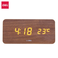 得力 闹钟多功能电子钟 智能LED屏幕显示夜间背光 大号声控木纹闹钟 棕色8815