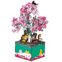 若态若来木质八音盒 diy手工拼装制作九木合作款儿童创意拼插拼图男生女生生日礼物音乐盒玩具 AM409樱花树下