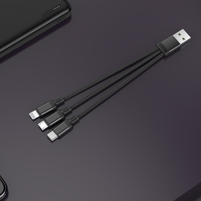 机乐堂 一拖三手机编织数据线支持苹果type-c安卓充电传输 15cm短线 黑色