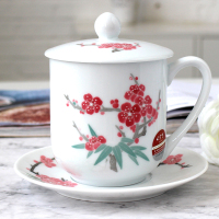 顺胜 会议杯碟 醴陵釉下彩手绘瓷器茶杯带盖陶瓷办公杯 梅竹同春