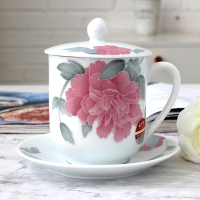 顺胜 会议杯碟 醴陵釉下彩手绘瓷器茶杯带盖陶瓷办公杯 国色天香