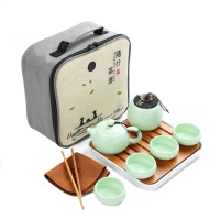 唔瓷陶瓷旅行便携式茶具套装 定窑绿色9件套
