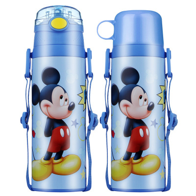 迪士尼(Disney)儿童保温杯保温壶背带吸管不锈钢水杯男女学生双盖杯子水壶 480ml 7095