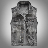 男士春夏秋款牛仔马甲灰色韩版青年休闲马甲破洞潮牌男