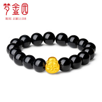 梦金园 黄金手链 3D硬金弥勒佛路路通黑玛瑙手串 男女通用 定价 黄金饰品首饰