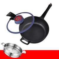 麦饭石不粘锅炒锅无油烟平底锅家用炒菜锅无涂层电磁炉燃气灶适用F2045碳纤维煎炒锅28CM(净味款)+不锈钢带耳蒸笼