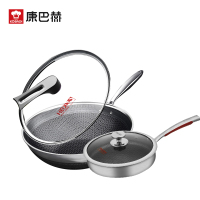 康巴赫(KBH)锅具组合 316L不锈钢材质三代旗舰款炒锅三代煎锅两件套