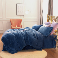 水星家纺8177 暖绒双面法兰绒四件套 短毛绒珊瑚绒套件用品床单被罩被套 加大双人1.8米床 遇见羊(深灰蓝)(套)