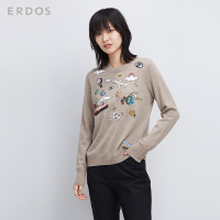 鄂尔多斯ERDOS 纯山羊绒圆领装饰女式羊绒衫针织衫毛衣