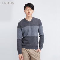 鄂尔多斯ERDOS 秋冬V领虚提加厚羊绒衫拼色休闲纯羊绒男士毛衣