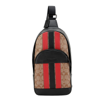 COACH 蔻驰 奢侈品 欧美时尚男士卡其条纹人造革配皮胸包挎包