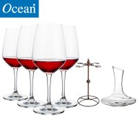 Ocean进口无铅玻璃冷切口红酒杯455ML4只配1500ML醒酒器配酒杯架套装