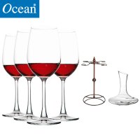 Ocean进口无铅玻璃冷切口红酒杯425ML4只配1500ML醒酒器配酒杯架套装