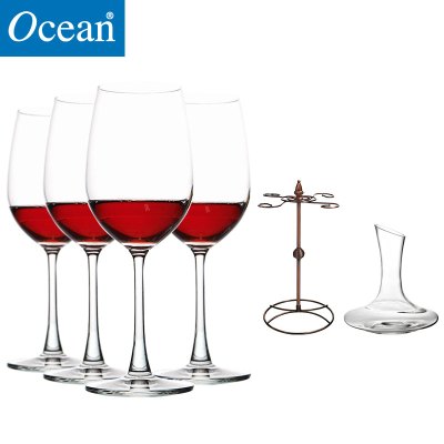 Ocean进口无铅玻璃冷切口红酒杯425ML4只配1500ML醒酒器配酒杯架套装