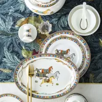 富昱景 碗碟餐具套装景德镇陶瓷欧式家用骨瓷金边碗碟盘套装送礼 56件