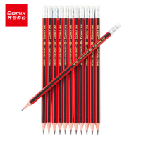 齐心2B原木铅笔带橡皮头六角木杆铅笔/学生铅笔 12支/盒
