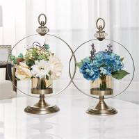 S美式轻奢金属玻璃花瓶样板 创意烛台家居装饰 插花摆件 一对