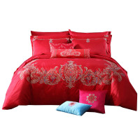 梦洁美颂梦洁(MENDALE)家纺 婚庆绣花四件套大红结婚床上用品喜庆套件1.8m床有凤来仪