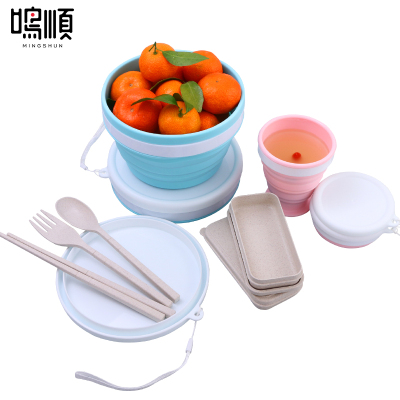 硅胶水杯环保卫生饭盒保鲜盒硅胶餐盒饭碗居家旅行组合装便携可折叠筷子勺子叉子小麦秸秆套装卫生便携餐具6件套