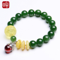 印象眸 和田玉碧玉圆珠手串 菠菜绿圆珠搭配蜜蜡回纹珠单圈手链 附送证书