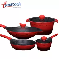 AMERCOOK阿尔菲塔麦饭石炒锅不粘锅奶锅煎锅汤锅4件套锅平底锅 家用煎锅炖锅炒锅火锅煲汤锅 明火电磁炉通用 中国红