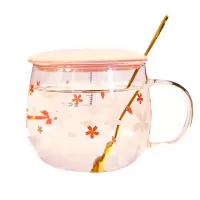 樱花刻度玻璃水杯带把单层带盖 300-400ml