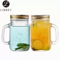 Libbey利比 田园多用把杯(印花,带盖)488ml 两只装进口玻璃杯公鸡杯果汁杯梅森杯透明不保温水杯子带盖