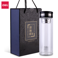 得力(deli) 6100玻璃杯(黑色) 双层隔热过滤隔网过滤便携商务水杯 DY