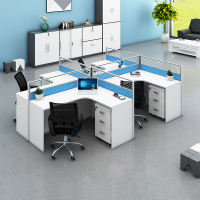 [一鹏]屏风办公桌干字型四人位职员工作位蓝色员工桌电脑桌