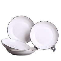 LICHEN白瓷盘(小)菜盘子北欧风格纯白黑线碟子圆形8英寸4个装
