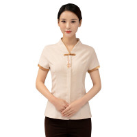 保洁工作服夏装短袖上衣物业酒店宾馆服务员阿姨保洁服可现做logo ND-XS盘他一箭 米色短袖上衣 XL