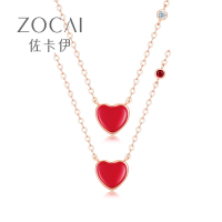 佐卡伊 18k玫瑰金小红心珐琅项链红宝石心形爱心彩金镶钻锁骨链本命年礼物
