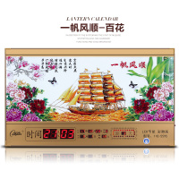 康巴丝(COMPAS)万年历电子钟夜光3D浮雕挂钟表创意时尚客厅日历钟彩灯LED时钟 3D浮雕一帆风顺百花 31英寸