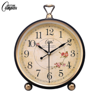 康巴丝Compas欧式静音座钟田园客厅钟表复古床头时钟卧室创意台石英钟表 14英寸(直径35.5厘米) 黑色边框 玫瑰