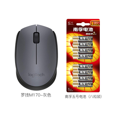 罗技(Logitech)M170台式机电脑笔记本家用商务办公通用便携USB接收器光电时尚办公鼠标灰色+南孚5号电池八粒装