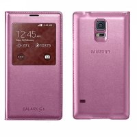 三星 (SAMSUNG) GS5原装皮套 Galaxy S5手机壳 S5手机套 G9006V智能保护套开窗版 柔光粉