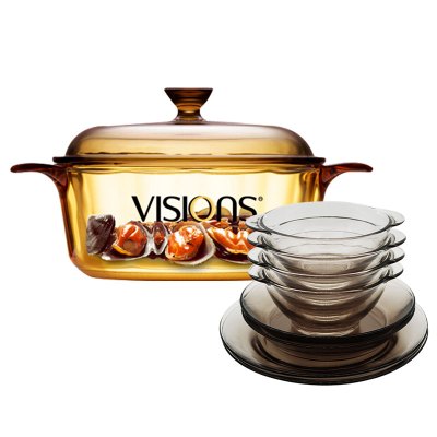 康宁（VISIONS）1.25L晶彩玻璃锅加茶色八件套 厨具套装 汤锅 炖锅 透明锅厨具套装透明耐热玻璃碗碟深浅盘餐具