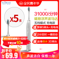 worms电动牙刷超声波美白情侣款充电式极光绿学生党男女超软毛成人牙刷 慕白灰标准版五档位配(原装5刷头+USB线)
