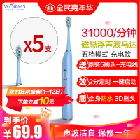worms电动牙刷超声波美白情侣款充电式极光绿学生党男女超软毛成人牙刷 湖水蓝标准版五档位配（原装5刷头+USB线）