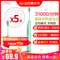 worms电动牙刷超声波美白情侣款充电式极光绿学生党男女超软毛成人牙刷 天湖绿标准版五档位配(原装5刷头+USB线)